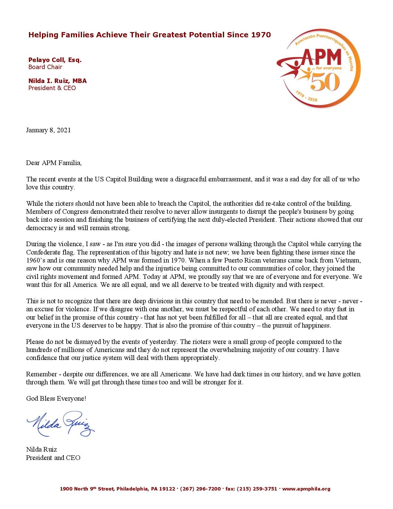 A Letter from President and CEO Nilda Ruiz on the Events in